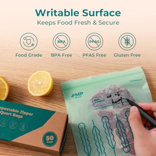 Fit Meal Prep 50 Pack 100% Compostable Food Storage Bags, 7 x 8" Resealable Freezer Bags Quart Size for Meat, Fruits, Plant-Based Sandwich Bag, ASTM D6400, US BPI & EU OK Compost Certified - style: Quart