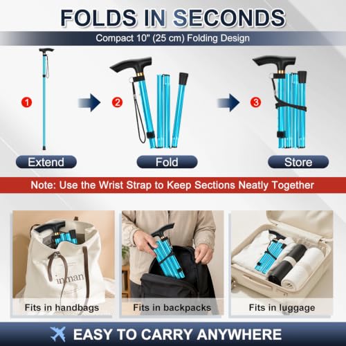 supregear Folding Cane, 5-Level Adjustable Height Walking Stick Lightweight Collapsible Portable Travel Cane with Wrist Strap and T Handle for Elderly Disabled Men Women - color: Blue