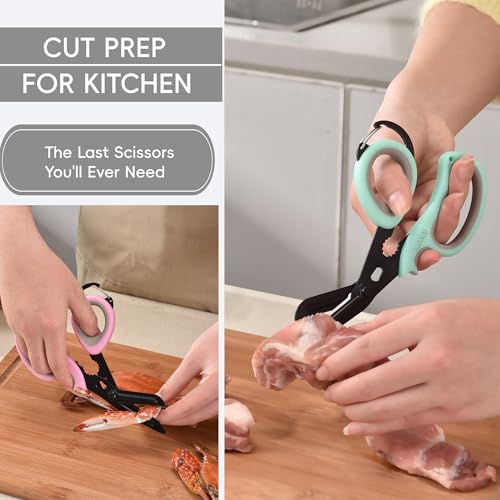 MEUUT All Purpose Scissors 2 Packs with Carabiner for Kitchen Outdoor | 7.5-inch heavy duty all purpose, Ambidextrous, micro-serrated stainless steel blades, integrated O2 wrench, soft rubber grip - color: Pastel Pink+pastel Green