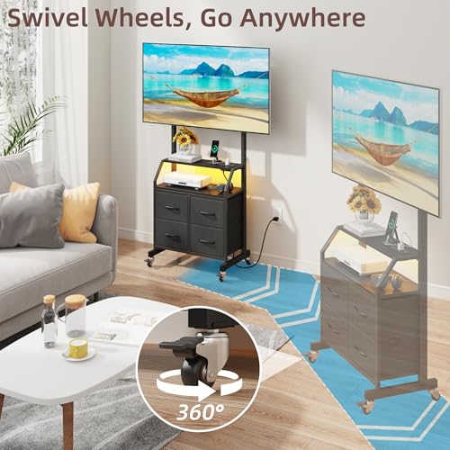 GYIIYUO Rolling TV Stand with Mount & 4 Fabric Drawers for 32-75 inch TVs | Holds up to 145 lbs with lockable rolling wheels, built-in 2 AC outlets and USB charging, great for apartments and bedrooms - color: Black