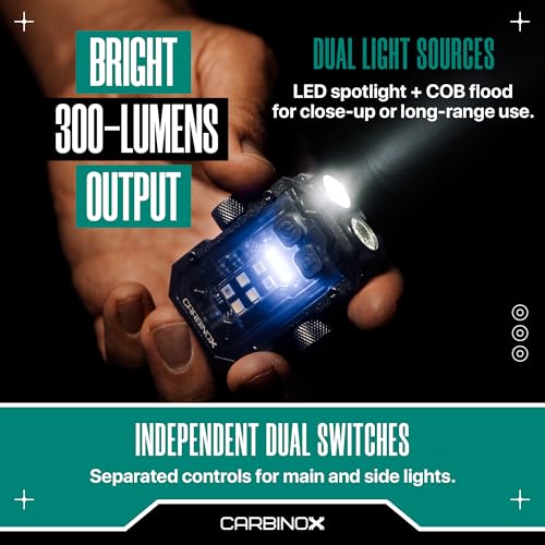 CARBINOX Flashlight Mini, 300 Lumens Rechargeable LED+COB Light, Dual Independent Switches, 7 Modes w/Red-Blue Warning, USB-C Fast Charging, Cap-Clip Hands-Free Use