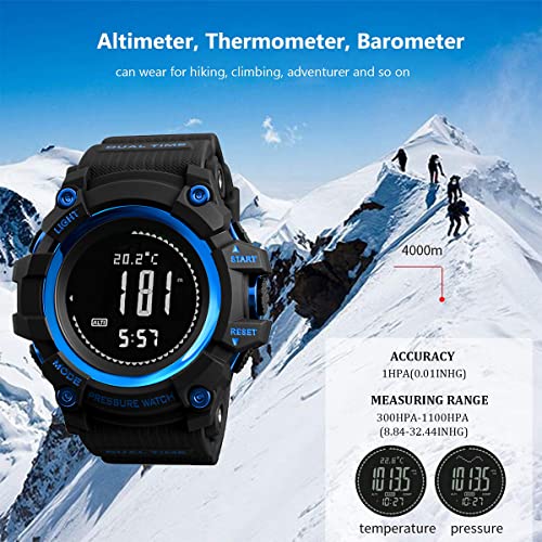 Watch Compass, Altimeter Barometer Thermometer Temperature, Pedometer, Military Army Waterproof Outdoors Sport Digital Watch for Men - color: Blue-