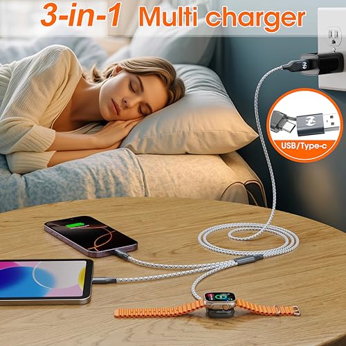 Apple Watch Charger 3 in 1 Multi Charging Cable 4FT Apple MFi Magnetic | USB A/C Lightning Type C Cord iWatch Magnetic Wireless Charger 3 in 1 Charging Wire for Apple iPhone Android Phone and iWatch - color: Grey/Silver-4ft