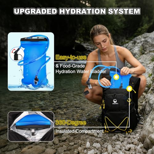 Hydration Backpack 22L, Hiking Backpack with 2L Leakproof Bladder, Sewn-in Rain Cover, Insulated Compartment for Men & Women Running, Cycling, Camping - color: Black