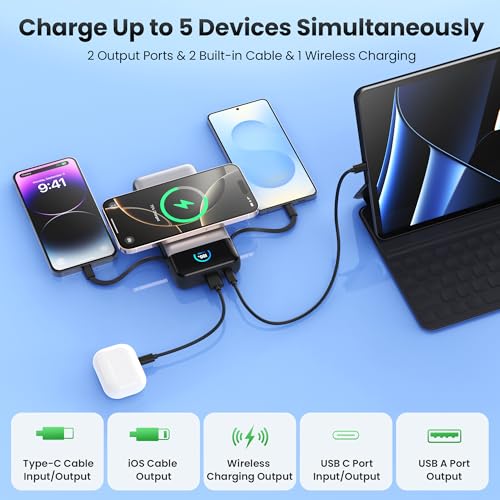 Wireless Portable Charger 40,800mAh with Built-in Cables,15W Wireless Charging 25W PD QC4.0 Fast Charging USB-C Power Bank,Travel Essentials External Battery Pack for iPhone 17/16/15/14,Galaxy,Android - color: Black