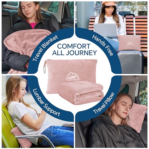 BEDELITE Travel Blanket with Bag, Jacquard Fleece Blanket 65"x40", Pink | Ultra-soft Airplane Blanket, Luggage Sleeve & Backpack Clip, Travel Essentials for Women, Foldable as Pillow for Long Flight - color: Pink