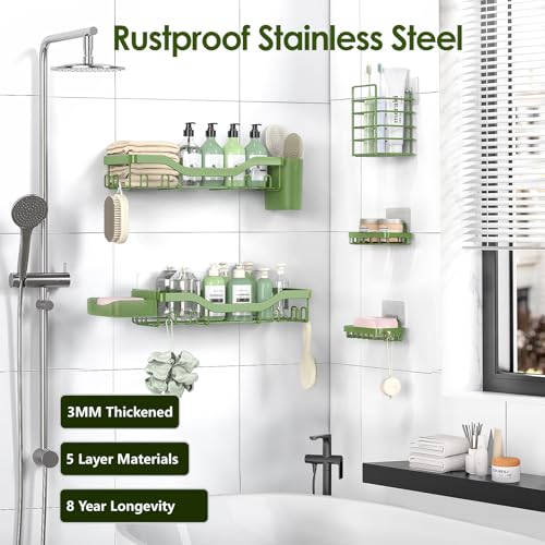 NESOMI Shower Caddy Adhesive Shower Organizer 7-Pack, Rustproof Stainless Steel Bathroom Shelves, Large Capacity No-Drill Rack Storage Accessories with Soap Dish Toothbrush Holder Hooks - color: Green, size: 7-Piece Set