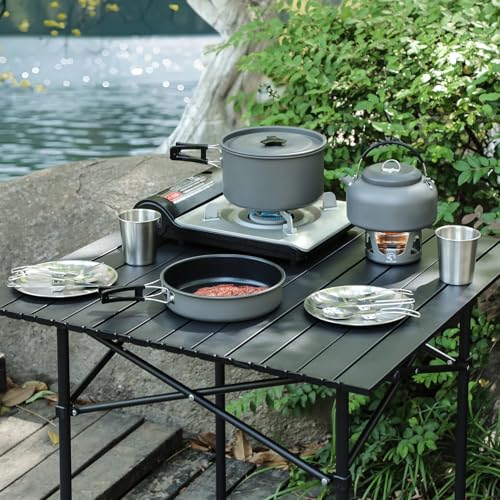 REDCAMP 6/10/11/12/14/15/19 PCS Camping Cookware Mess Kit Camping Gear Campfire Utensils Lightweight Stackable Pot Pan Bowls Soup Spoon with Storage Bag for Camping, Backpacking, Outdoor Cooking - style: Grey,16pcs W/Kettle