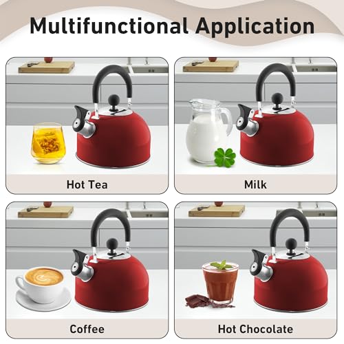 Lily's Home 2 Quart Stainless Steel Whistling Tea Kettle, the Perfect Stovetop Tea and Water Boilers for Your Home, Dorm, Condo or Apartment. Red - color: Red(2 Quarts)