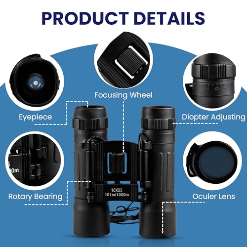 TrekTonic Compact 10x25 High Powered Binoculars For Adults and Kids, Portable with Neck Strap, Birdwatching, Outdoor Activities
