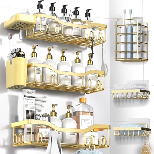 NESOMI Shower Caddy Adhesive Shower Organizer 8-Pack, Rustproof Stainless Steel Bathroom Shelves, Large Capacity No-Drill Rack Storage Accessories with Soap Dish Toothbrush Holder Hooks - color: Gold, size: 8-Piece Set