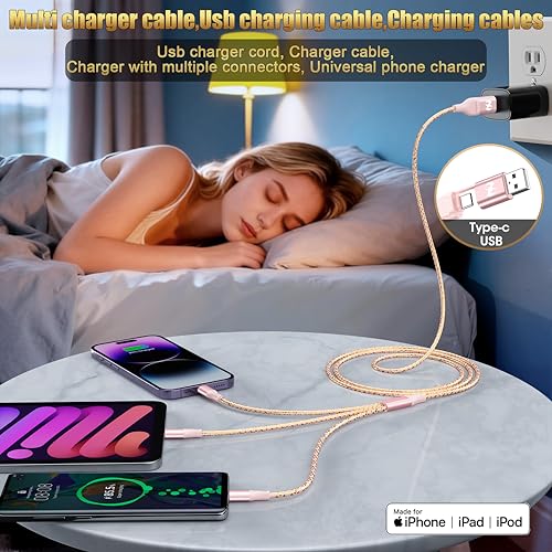 Multi Charging Cable 4FT 2Pack 3 in 1 Apple MFi Certified Braided Cord | Fast Charger Cord with Lightning USB-C Micro,Nylon Braided Universal Phone Charger for iPhone17-5 iPad Android Devices Travel - color: Rose/Grey-4ft-2Pack