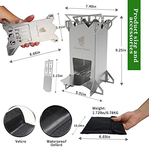 GEERTOP Wood Burning Camping Rocket Stove, Portable Backpacking Stainless Steel Wood Stove Camping Gear Accessories for Emergency Survival Outdoor Hiking Travel Picnic BBQ - color: Silver