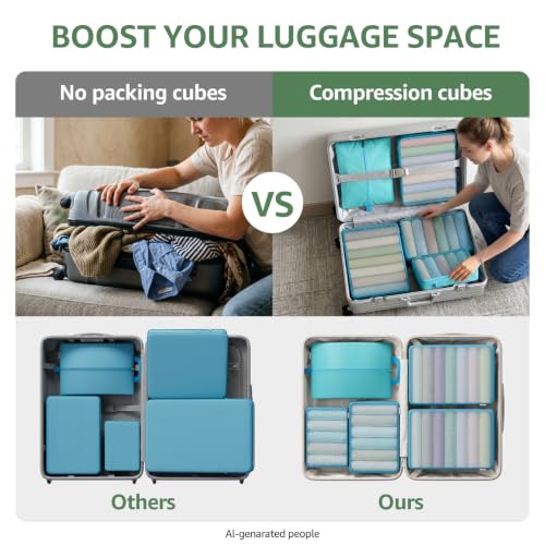 7 Set Compression Packing Cubes for Travel Essentials Suitcase, Mesh Collapsible Packing Cubes for 20-22 inch Carry on Luggage, Expandable Travel Packing Organizers with Shoe Laundry Bag (Blue) - color: Blue, size: 7 Set (For Carry-On/Medium)