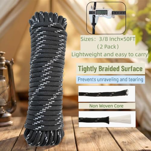 3/8 in × 100 ft Reflective Black Diamond Braided Polypropylene Rope with Non-Woven Core, Multi-Purpose Utility Cord for Clothesline, Camping, Outdoor, DIY, and Home Use (2 Pack, 50ft Each) - size: 3/8" x 100FT, style: Reflective Black