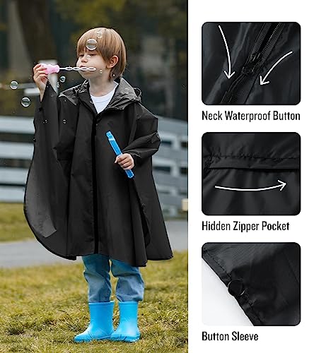 SaphiRose Lightweight Kids Rain Poncho Waterproof Jacket Zipper Up Rain Coat - color: Black, size: 9-13 Years