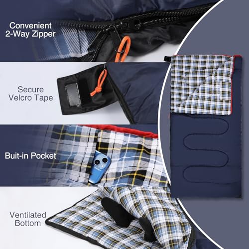 REDCAMP Cotton Flannel Sleeping Bag for Camping Backpacking, Adults Cold Weather Envelope Sleeping Bags with 2/3/4/6lbs Filling - color: Widened Navy Blue With 4lbs Filling