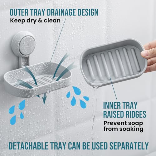 TAILI Soap Holder, Soap Dish Suction Cup with Hooks, Stainless Steel (Grey) - color: Grey