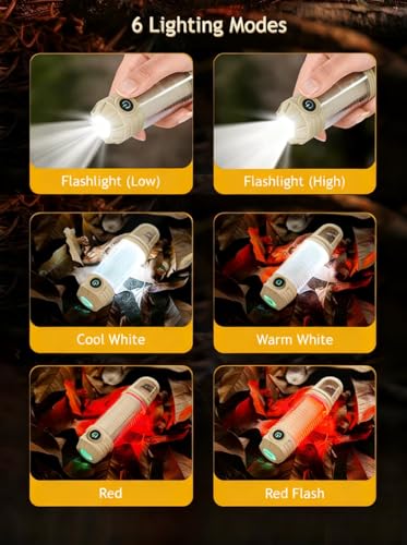 Flamix 2-in-1 LED Camping Lantern & Flashlight, 6 Modes, IPX4 Waterproof | Rechargeable Battery, Compact One-Hand Design, Beige, Hurricane Emergency Light, Hiking Gear, Home Power Outage Essential