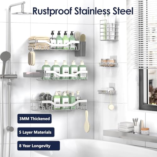 NESOMI Shower Caddy Adhesive Shower Organizer 8-Pack, Rustproof Stainless Steel Bathroom Shelves, Large Capacity No-Drill Rack Storage Accessories with Soap Dish Toothbrush Holder Hooks - color: Silver, size: 8-Piece Set