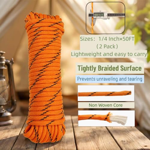 1/4 in × 100 ft Orange Diamond Braided Polypropylene Rope with Non-Woven Core, 32-Strand High Strength for Clothesline, Flagpole, Camping, Indoor & Outdoor Use (2 Pack, 50ft Each) - size: 1/4" x 100FT, style: Orange
