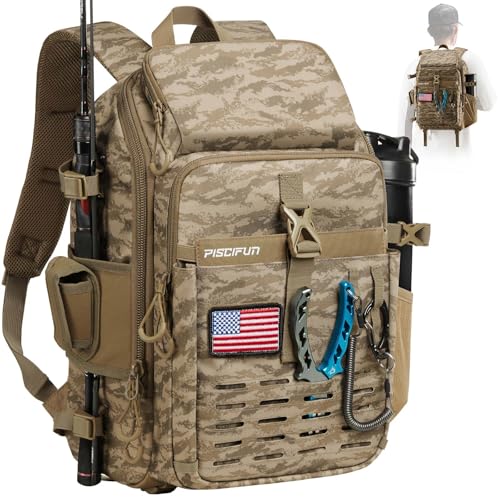 Piscifun Fishing Tackle Backpack, Rod & Gear Holder, Water-Resistant | 20L storage, breathable padding & adjustable shoulder straps, MOLLE panel, Khaki Camouflage - color: Khaki Camouflage, size: Large
