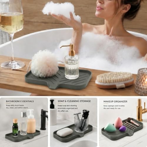 MicoYang Silicone Soap Dish with Drain Spout — Self-Draining Sink Organizer Tray for Bathroom & Kitchen, Sponges, Dispensers & Soap Holder, Non-Slip & Dishwasher Safe, Grey (Medium, 9.6"×5.3") - color: Grey, size: M(9.6"×5.3")