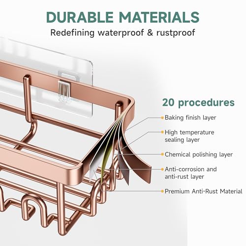 Veken Shower Caddy 6-Pack, No Drilling & Rustproof, Waterproof Adhesive Shelves Rack with Soap Holder, Large Capacity Bathroom Organizers and Storage, Wall-Mounted Kitchen & Home Decor, Rose Gold - color: Rose Gold