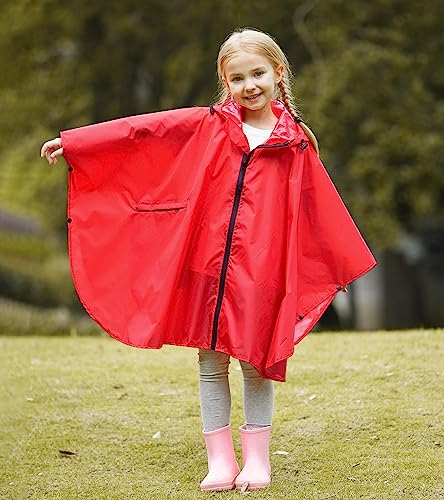 SaphiRose Lightweight Kids Rain Poncho Waterproof Jacket Zipper Up Rain Coat - color: Red, size: 13-16 Years