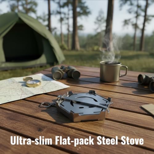 Portable Hexagonal Camping Stove - Slim Foldable Stainless Steel Card Stove, Compatible with Alcohol Burner & Wood, Lightweight Outdoor Cooking Stove, Space-Saving Flat-Pack Gear for Backpacking & BBQ