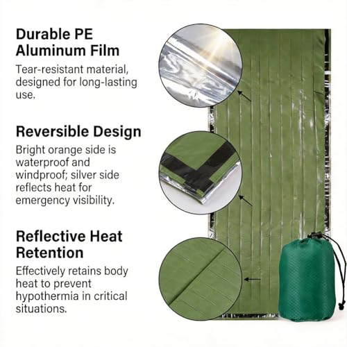 3 PCS Ultra-Light Thermal Emergency Sleeping Bag, Waterproof Survival Bivy Sack with Storage Pouch for Outdoor Adventures - color: Green