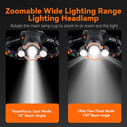 LED Headlamp Rechargeable, 6000 Lumens Super Bright Head Lamp, USB Rechargeable Headlight Flashlight with 3 LED Lights, 4 Modes, Zoomable, 90° Adjustable, Hiking, Hunting, Running, Fishing - color: Black