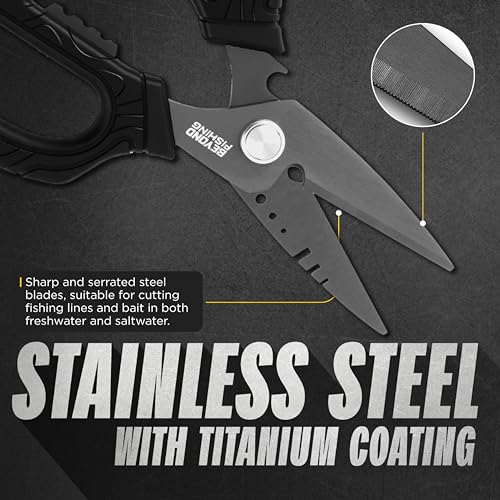 Beyond Fishing 6.5" Pro Fishing Shears Dual Serrated Blades, Fishing Braided Line Scissors with Titanium Coating, Non-Slip Grip & Multifunction Tool, Includes Hard Molded Locking Sheath - color: Omnipro - Black