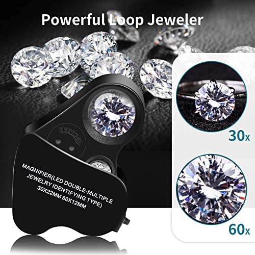 JARLINK 2 Pack 30X 60X 90X Illuminated Jewelers Loupe | Foldable Magnifier with LED & UV Light, for Gems, Diamonds, Coins and Stamps Identification - color: Black