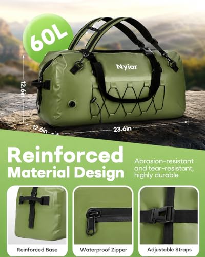 60L Waterproof Duffel Bag Motorcycle Dry Bag Backpack, Heavy-Duty Roll-Top Waterproof Bag with Sealed Seams & Waterproof Zipper for Riding, Kayaking, Camping & Travel (Green)