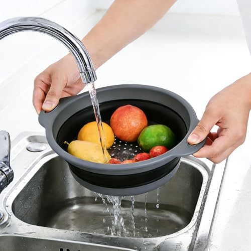 Collapsible Colander Set of 3 with Kitchen Counter Self-draining Base, Round Silicone Food Foldable Strainer for Cooking Pasta, Vegetables and Fruit (3QT, 4QT and 5QT), Black