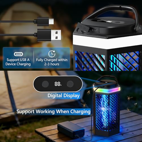 Bug Zapper Outdoor Indoor, Rechargeable Mosquito Zapper with 8000mAh Battery & LED Night Light, USB Charging Electric Fly Zapper, Portable Fly Trap Fly Killer for Patio, Backyard