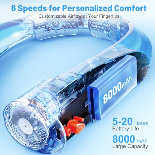 Portable Neck Fan with 6 Powerful Speeds, 8000mAh Battery Rechargeable Fan - color: Black-White
