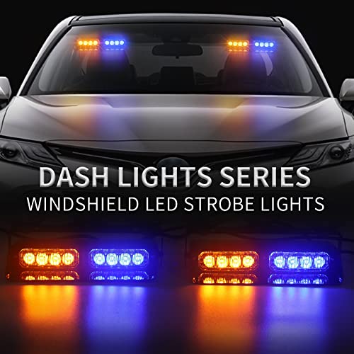 XRIDONSEN 2 in 1 Dash Emergency Strobe Lights Front/Rear Amber Blue Windshield Lights Warning Safety Flashing w/Suction Cups for Volunteer Vehicles, Trucks（Amber/Blue - color: Amber/Blue
