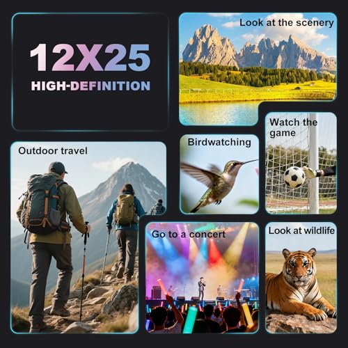 BIJIA 12 x 25 Compact Binoculars for Adults and Kids, Easy Focus Small Binoculars with BAK4 Prism, Large Eyepiece, Waterproof, Low Light Vision for Travel, Hiking, Bird Watching, Hunting, Concerts