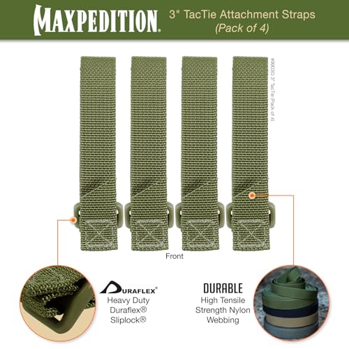MAXPEDITION 3-Inch TacTie Attachment Straps (Pack of 4) MOLLE Clips for EDC Pouches and Pocket Organizers, Replacement MOLLE Straps for Tactical Gear - color: Green