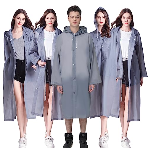 Rain Ponchos for Adults Reusable, 2-5 Pack Raincoat for Women Men, Waterproof Rain Coat Gear with Hood Drawstring - color: Grey X5
