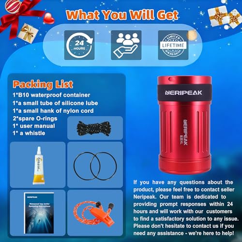 Neripeak-XL Waterproof PLB Container Car Key Case 429 FT IPX8 Rugged Aluminum Personal Locator Beacon Credit Card Wallet Capsule for Scuba Diving & Watersports, Buoyant Dry Box - color: Red