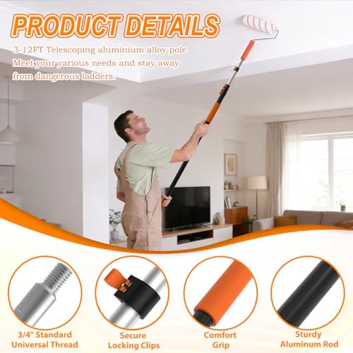 SISUPASSIE Telescoping Extension Pole, Reach to 20FT Telescoping Pole Multi-Purpose 3-12FT Lightweight, Sturdy with Universal Twist-on Metal Tip Extendable for Dusting Painting Window Cleaning - size: 12 Feet