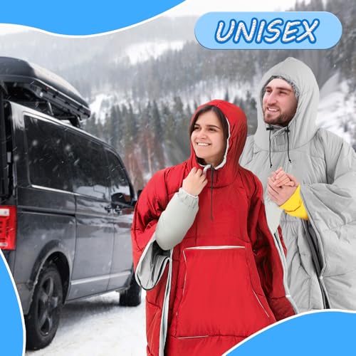 Preboun Thermal Poncho Wearable Hooded Blanket Winter Poncho Wearable Sleeping Bag Water Resistant Windproof for Men Women - color: Red,khaki