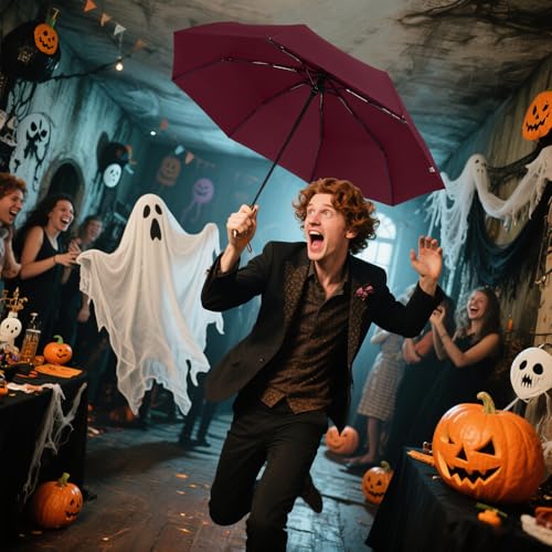 Skull Handle Windproof Travel Umbrella Compact Portable, Auto Open Close | Luxury Gothic Skull Grip with One-Touch Automatic Open, Wind Resistant and Sturdy for Rain, Lightweight to Carry Daily - color: 07.Wine Red