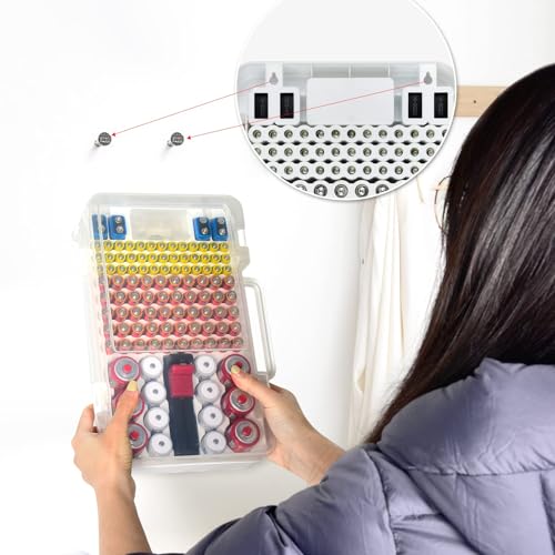 Battery Organizer Storage Case with Tester Checker. Batteries Holder Box Container for 120+ AA AAA 9V C D Lithium CR2025 CR1632 CR2032 Coin Cell Battery with Wall-Mounted Design -Transparency - color: White