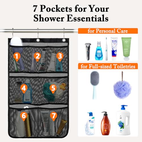 Fammart Mesh Shower Caddy Hanging, Quick-Drying Shower Organizer with 7 Pockets, Portable Bathroom Organizers and Storage for Shampoo, Soap, Loofah, Travel, and Cruise Essentials - color: Hanging Type, 2 Pack - Black