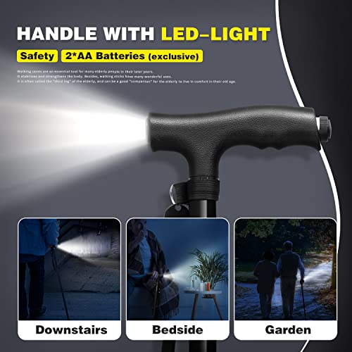 BigAlex Folding Walking Cane with LED Light,Pivoting Quad Base,Adjustable Walking Stick with Carrying Bag for Men/Women - color: Black(5'5"-6'3")