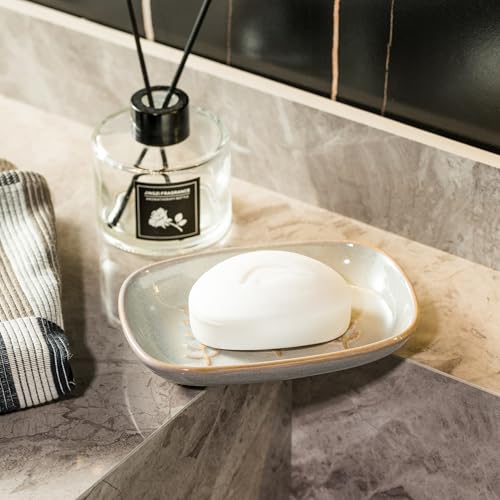 Miamolo Bathroom Soap Dish for Bar Soap, Raised Ridges Keep Soap Dry | Solid Ceramic Soap Holder, Fits Shower, Tub, Kitchen Counter & Vanity | Dishwasher Safe, Vintage Decor, Wedding Gift, Grey - color: Grey, size: Leaf Design